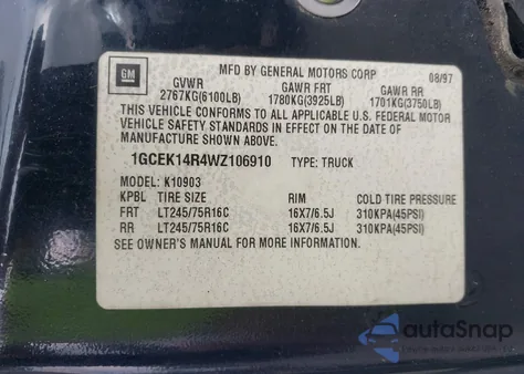 1998 Chevrolet Gmt-400 K1500 z USA, uszkodzony, nr VIN 1GCEK14R4WZ106910